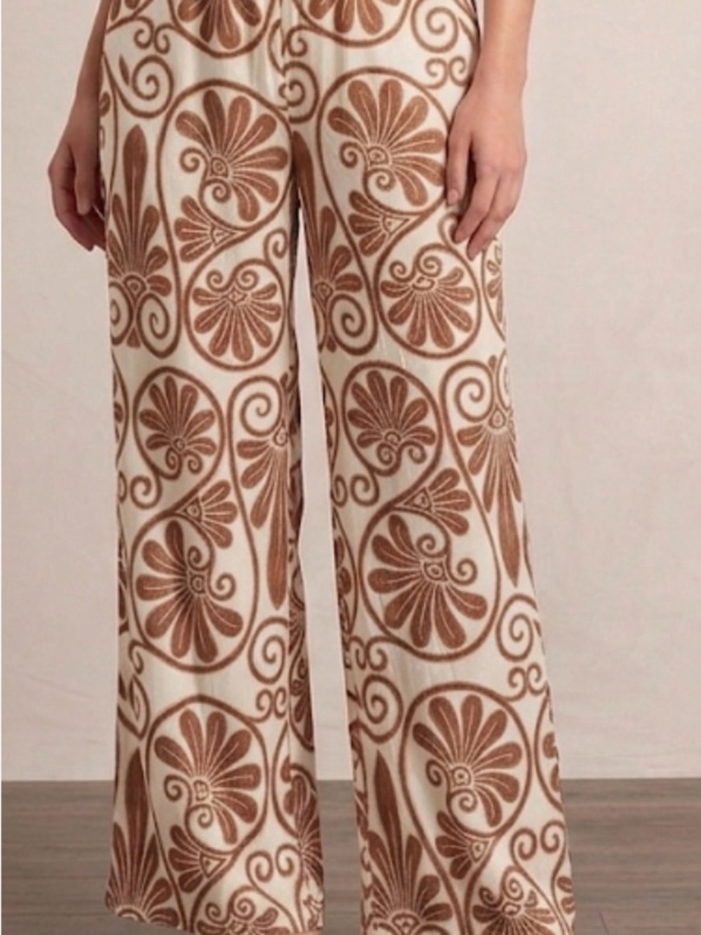 Patterned Wide-Leg Palazzo Pants in Cream and Brown